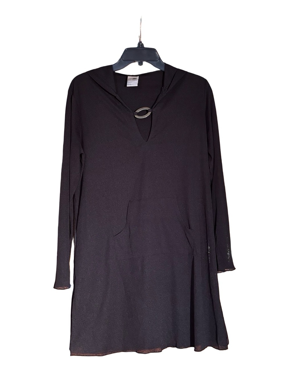 Cover Me Long Sleeve Black V-Neck Hoodie Crepe Beach Coverup - M